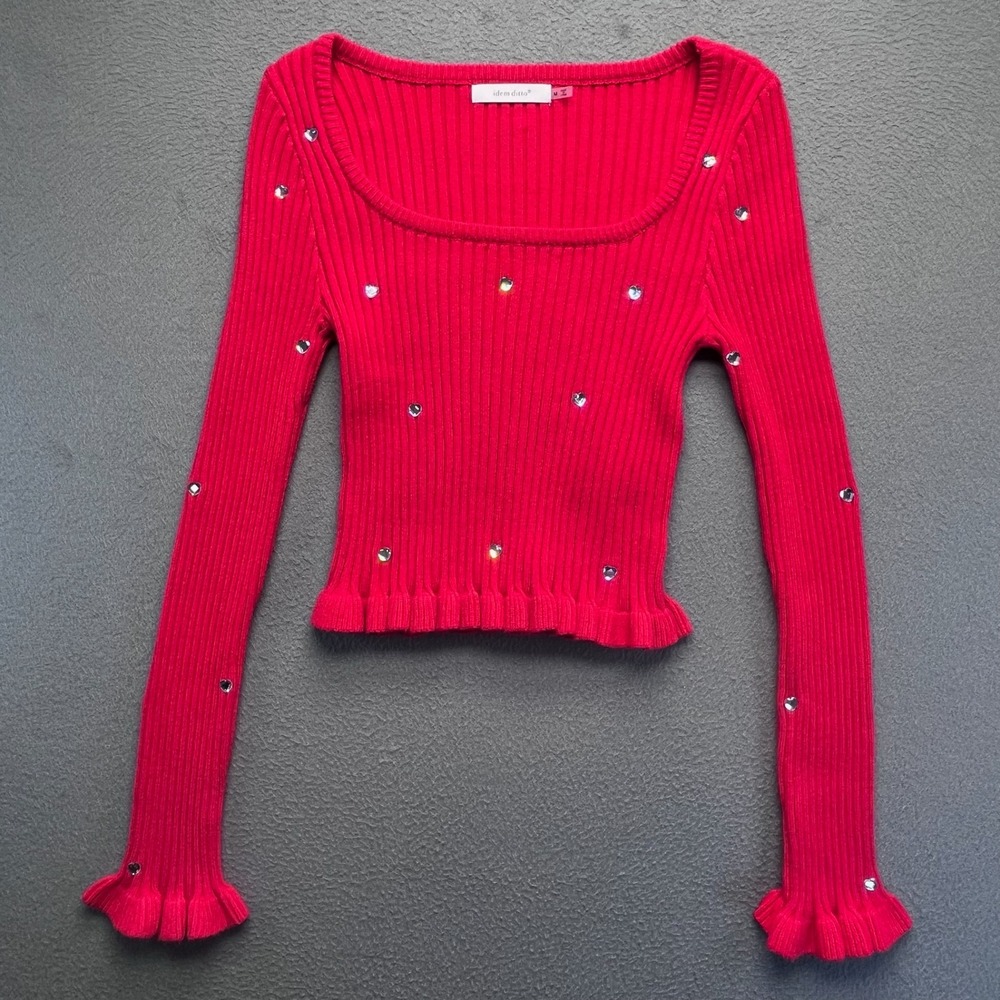 idem ditto Women Ribbed Knit Top Red Heart Rhinestone Medium Coquette Romantic